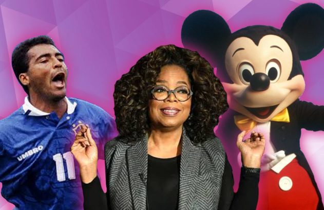 Pelé, Oprah e Mickey Mouse em fundo roxo. Pelé com boca aberta, Oprah sorri com mãos para cima.