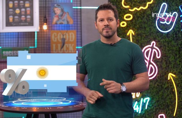 Apresentador em estúdio com gráficos digitais da bandeira da Argentina e porcentagem.
