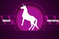 Silhueta branca de unicórnio em círculo roxo com faixas "SÉRIE" e "ESPECIAL" nas laterais.