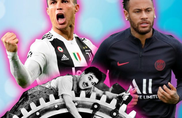 Cristiano Ronaldo e Neymar (coloridos) acima, Charlie Chaplin (P&B) preso em engrenagem abaixo.