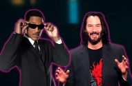 Will Smith de terno e óculos ajustando-os; Keanu Reeves sorrindo e gesticulando.