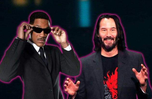 Will Smith de terno e óculos ajustando-os; Keanu Reeves sorrindo e gesticulando.