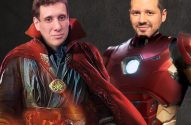 Dois homens com rostos sobrepostos em trajes de Doutor Estranho e Homem de Ferro.