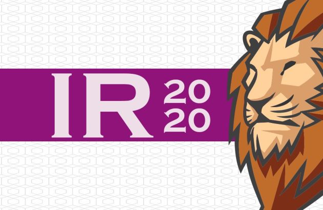 Gráfico: IR 2020 em faixa roxa e cabeça de leão estilizada.