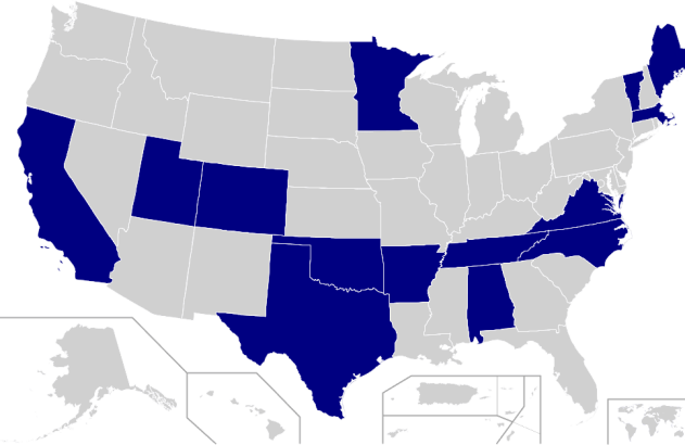 Mapa dos Estados Unidos com alguns estados destacados em azul e outros em cinza.