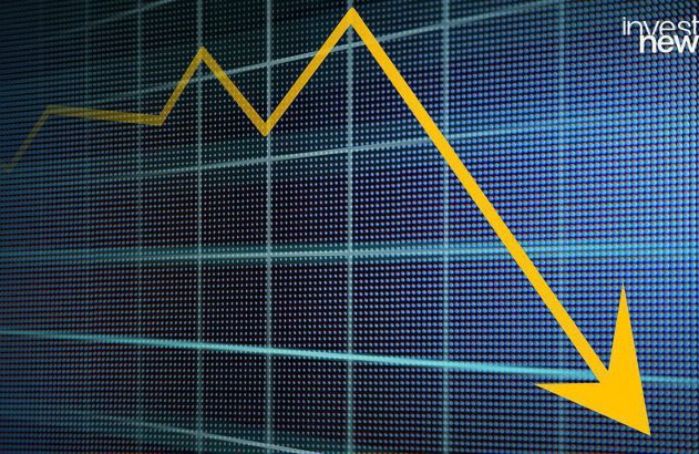 Gráfico de mercado em fundo azul quadriculado, com linha amarela em forte queda e seta para baixo.