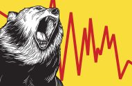 Urso rugindo e gráfico de mercado vermelho em fundo amarelo.