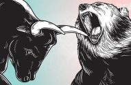 Ilustração: touro e urso em confronto. Touro empurra chifre na boca aberta do urso. Fundo azul e rosa.