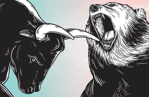 Ilustração: touro e urso em confronto. Touro empurra chifre na boca aberta do urso. Fundo azul e rosa.