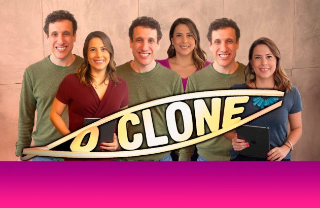 Grupo de seis pessoas: três homens e três mulheres idênticos, sorrindo. Título 'O CLONE' em destaque.