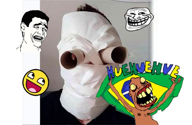 Pessoa com rosto coberto por papel higiênico e rolos, cercada por memes, incluindo um brasileiro "HUE".