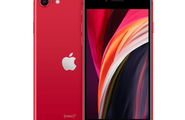 iPhone SE (PRODUCT)RED vermelho, exibido de costas com logo Apple e de frente com tela ligada. Fundo preto.