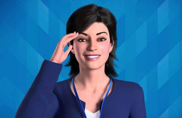 Mulher sorrindo, mão na testa em gesto de saudação, contra fundo azul.