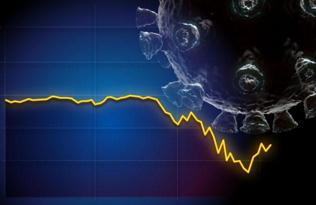 Gráfico de linha amarela em queda acentuada, com imagem de vírus.