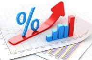 Sinal de porcentagem em seta vermelha ascendente sobre gráficos de crescimento com barras e linhas.
