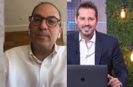 Dois homens em conferência online. Um usa óculos, outro sorri com laptop. Reunião virtual.