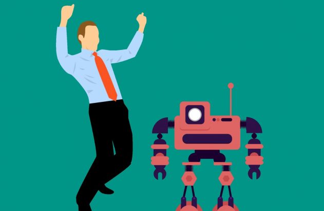 Ilustração de um homem vestido de social e um robô