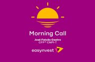 Gráfico Morning Call: sol nascente, José Falcão Castro e logo Easyinvest em fundo roxo.