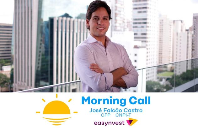 José Falcão Castro sorrindo de braços cruzados em sacada urbana. Anúncio "Morning Call easyinvest" no rodapé.