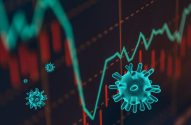 Coronavírus em destaque sobre gráfico de mercado financeiro, mostrando impacto da pandemia.