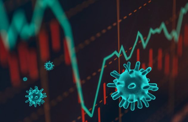 Coronavírus em destaque sobre gráfico de mercado financeiro, mostrando impacto da pandemia.