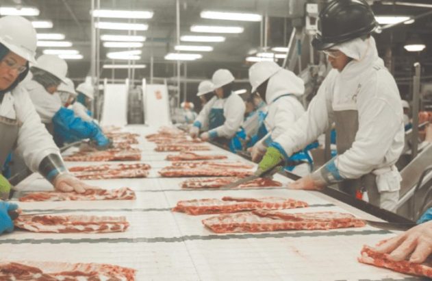 Funcionários de processamento de alimentos manuseando carne em linha de produção de fábrica.