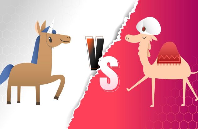 Unicórnio versus camelo: ilustração de dois animais em lados opostos de um papel rasgado com "VS" no centro.