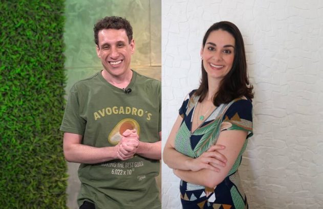 Homem e mulher sorrindo, ele de camiseta verde, ela de vestido. Imagem dividida.