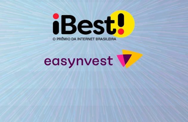Logos iBest e Easynvest. Anúncio de união das marcas em fundo azul com raios.