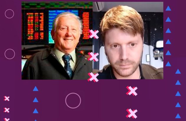 Dois homens em contraste: um mais velho sorrindo com tela de dados, e um jovem sério. Grandes 'X's rosas os separam.