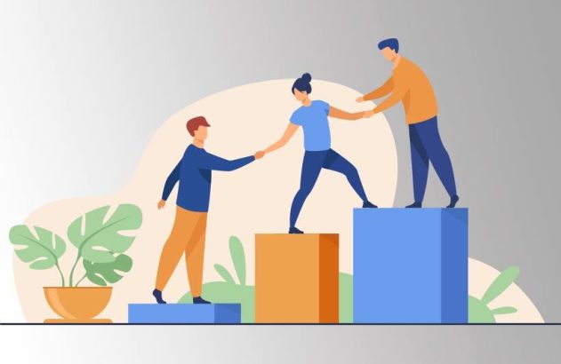 Ilustração de três pessoas, dois homens e uma mulher, colaborando e se ajudando a subir em plataformas de diferentes alturas.