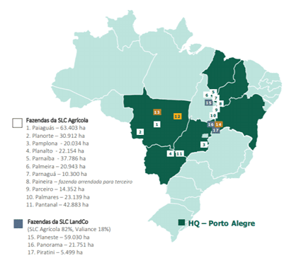 Mapa do Brasil com localização de fazendas da SLC Agrícola e SLC LandCo, e sede em Porto Alegre.