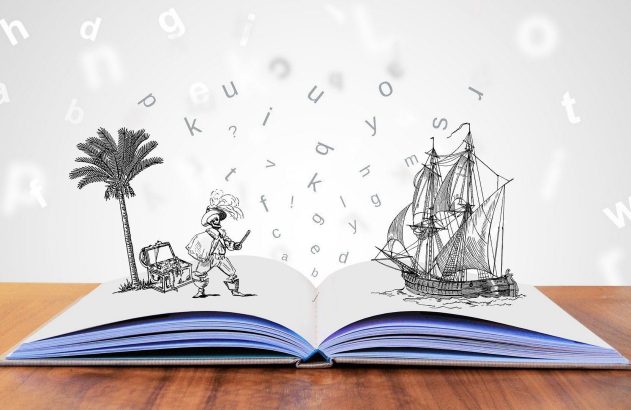 Livro aberto revela cena de aventura: pirata, tesouro e navio. Letras flutuam, simbolizando a criação de histórias.