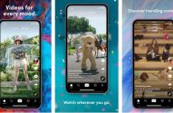 Interface do TikTok em três telas de celular. Exibe vídeos de uma pessoa, um urso dançando e cães, com textos de marketing.