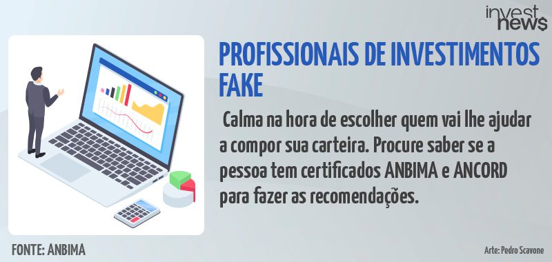 Ilustração de homem olhando para laptop com gráficos financeiros, alertando sobre falsos profissionais de investimento.