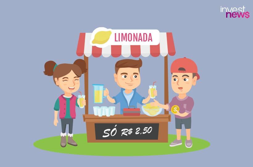 Menino vende limonada para duas crianças em uma barraca.