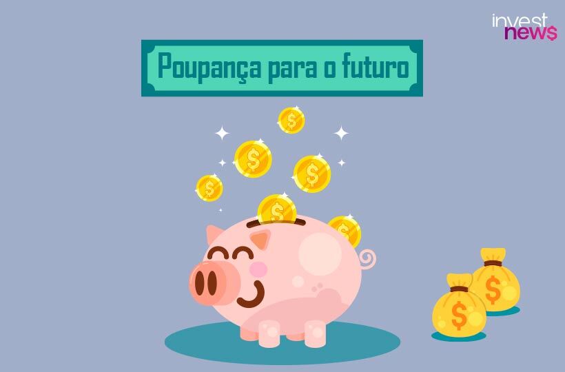 Cofrinho rosa com moedas caindo e sacos de dinheiro. Ilustra a poupança para o futuro.