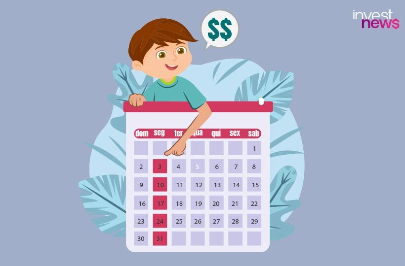 Menino aponta para calendário, com cifrão acima.