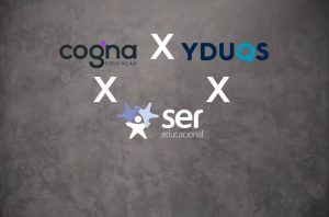 Parceria entre Cogna, YDUQS e Ser Educacional, com os logos conectados por símbolos "X".