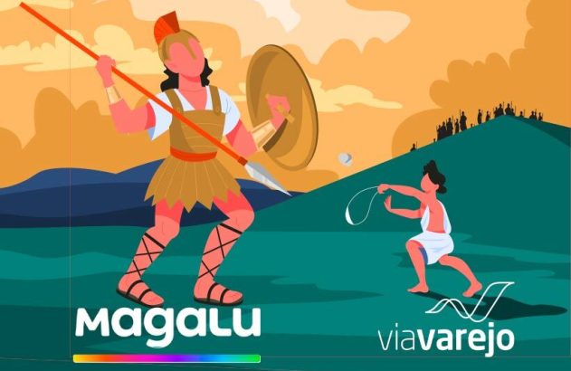 Guerreiro gigante com lança e escudo e garoto com estilingue se enfrentam. Logos Magalu e Viavarejo.