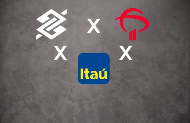 Logos de Banco do Brasil, Caixa e Itaú, com 'X's conectando-os, representando rivalidade.