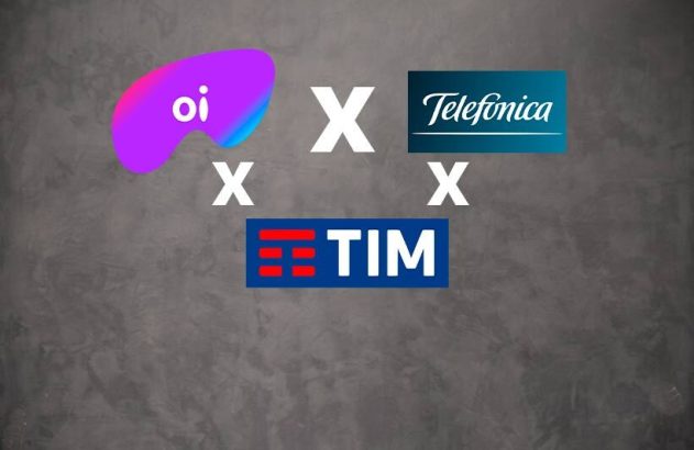 Logos Oi, Telefônica e TIM, com 'X's, simbolizando a venda dos ativos móveis da Oi.
