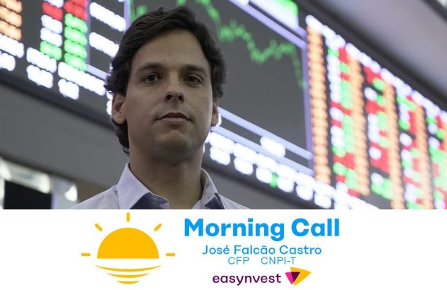José Falcão Castro em frente a painel de cotações da bolsa. Título: Morning Call. Logotipo Easyinvest.