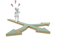 Boneco 3D branco pensativo sobre uma encruzilhada de setas, com pontos de interrogação vermelhos.