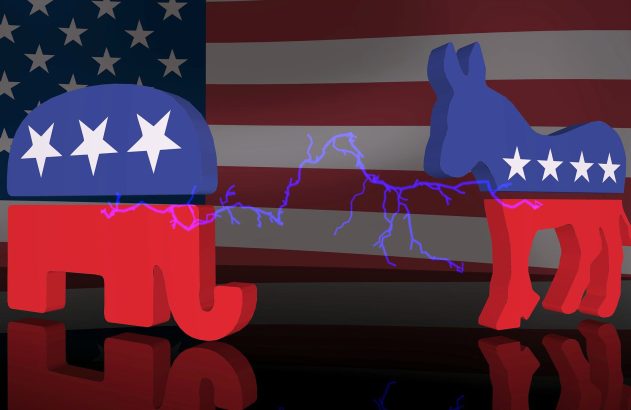 Elefante (Republicano) e burro (Democrata) vermelhos e azuis. Faíscas entre eles sobre a bandeira dos EUA. Tensão política.