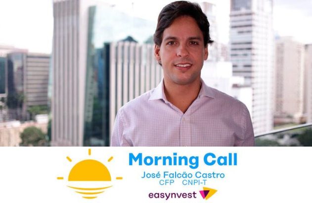 Homem sorridente apresenta 'Morning Call' da Easyinvest com skyline ao fundo.