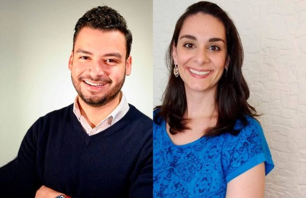 Dois retratos: um homem barbudo e uma mulher sorrindo.