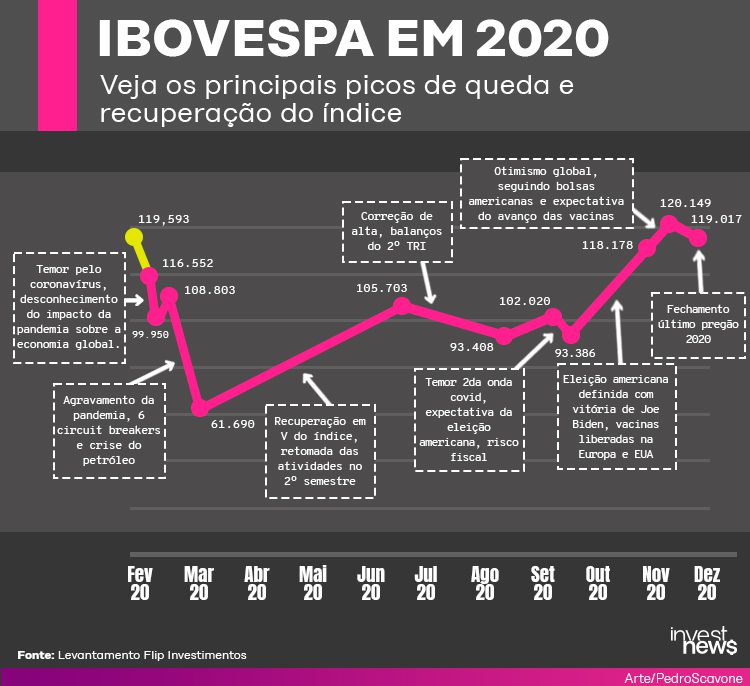 Gráfico de linha do IBOVESPA em 2020, mostrando queda acentuada no início e recuperação gradual ao longo do ano.