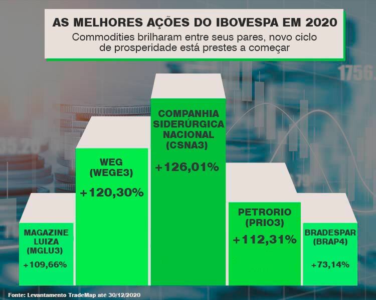 Gráfico de barras: Melhores ações Ibovespa 2020. CSNA3 teve a maior valorização (+136,01%).