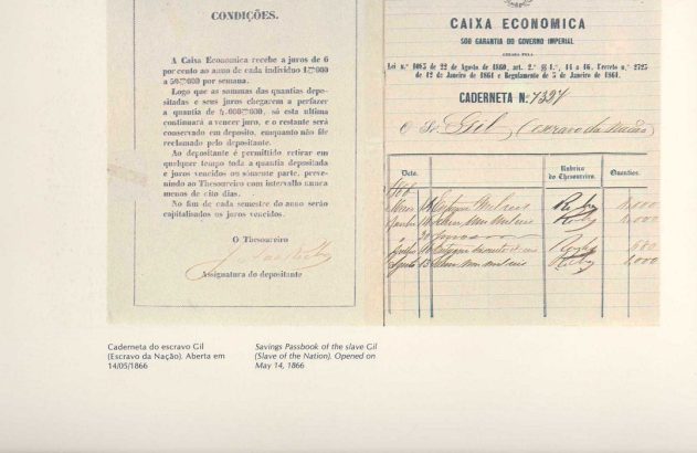 Documentos antigos lado a lado: um com texto, outro uma caderneta da Caixa Econômica com registros.